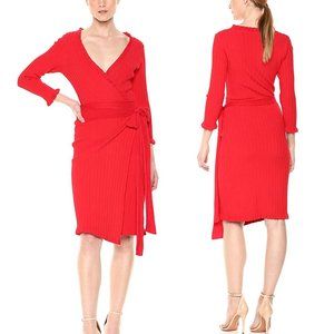 Milly Red Knit Wide Ribbed Wrap Dress Ruffle Edge V-Neckline True Mini Length M